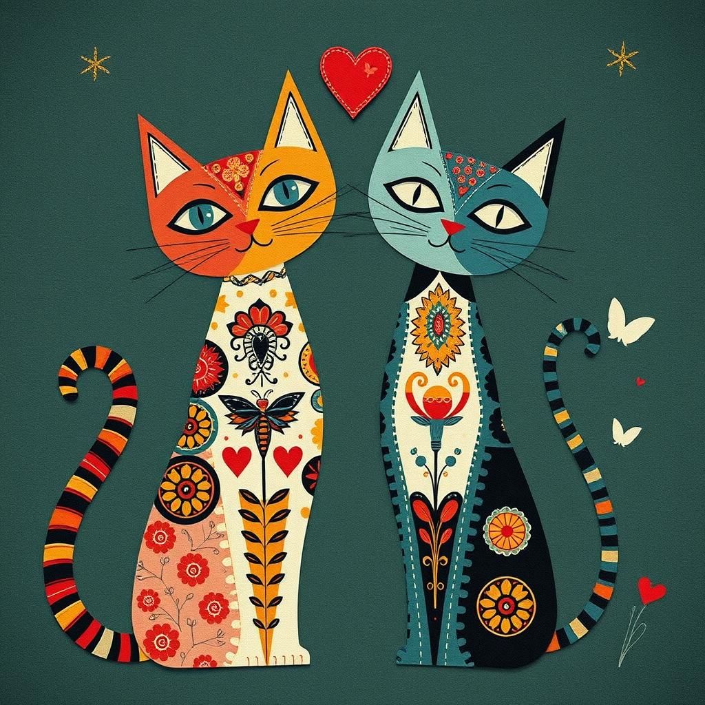 Abstract Cats in Love: Whimsical Textile Collage