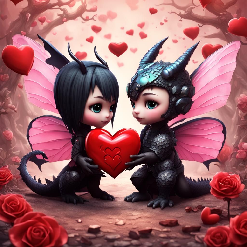 Chibi Dragon Offers Heart to Goth Fairy Wife