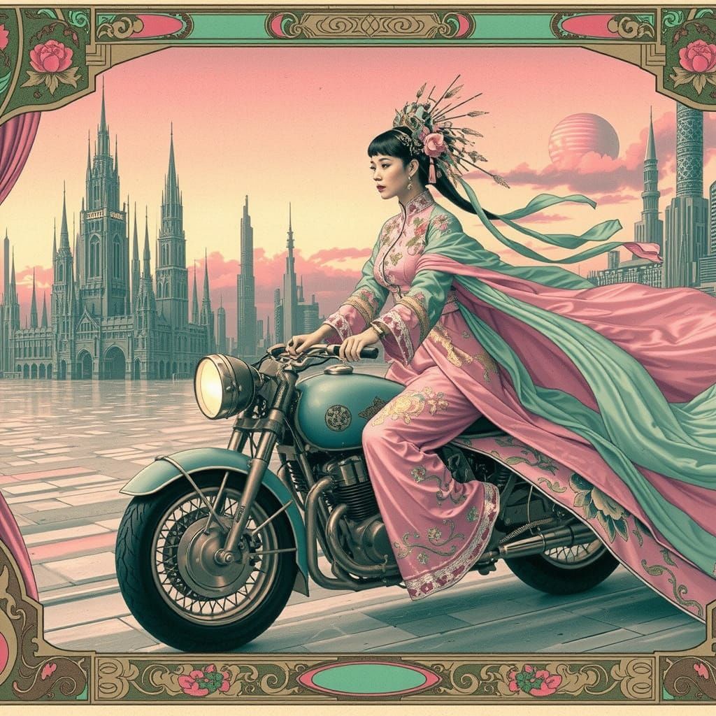 Cyberpunk Princess Rides Motorbike in Gothic Alien Metropoli...