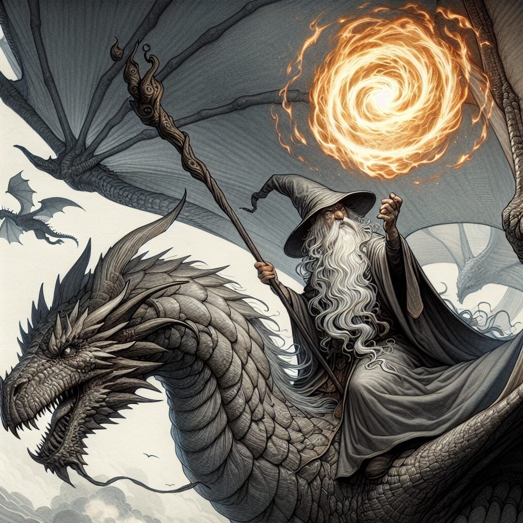 Wizard Rides Dragon Casting Fireball