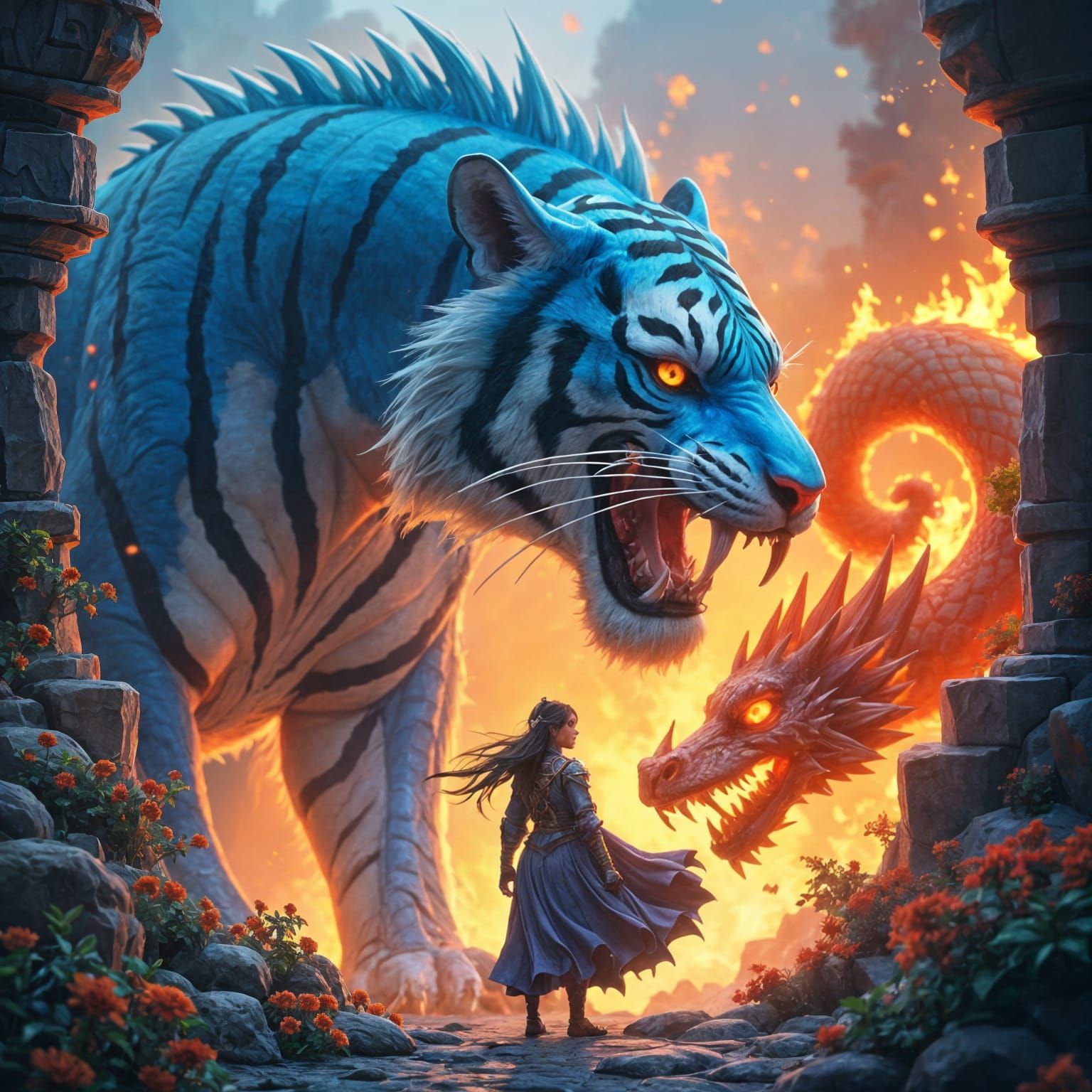 Blue Tiger, Dragon, and Girl in Fantasy Art