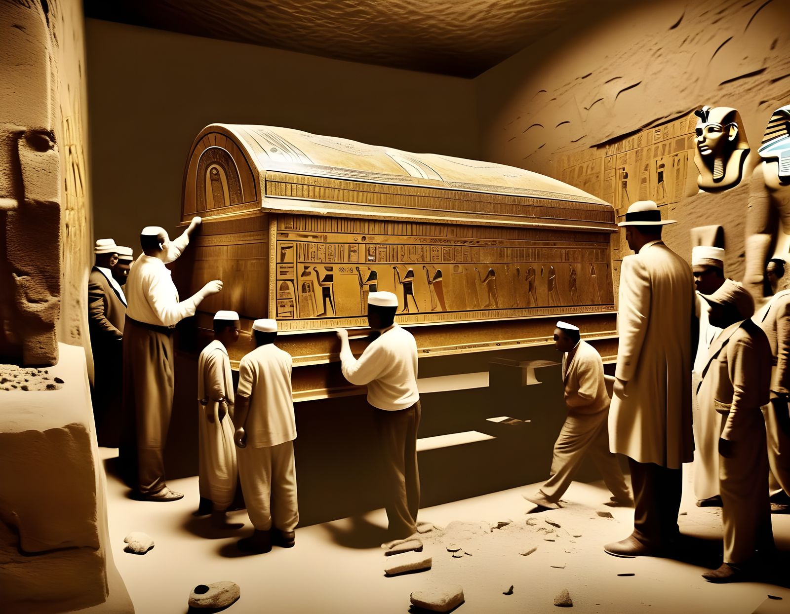 Tutankhamun's Tomb Discovery: Sepia Photorealistic Scene