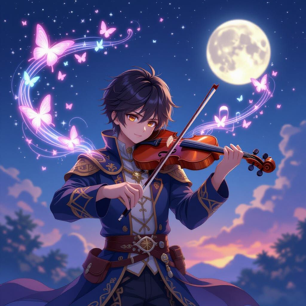 Anime Boy Plays Magical Violin Releasing Spirit Animals
