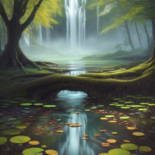 Fantasy Landscape: Waterfall Oil Painting in Triadic Colors