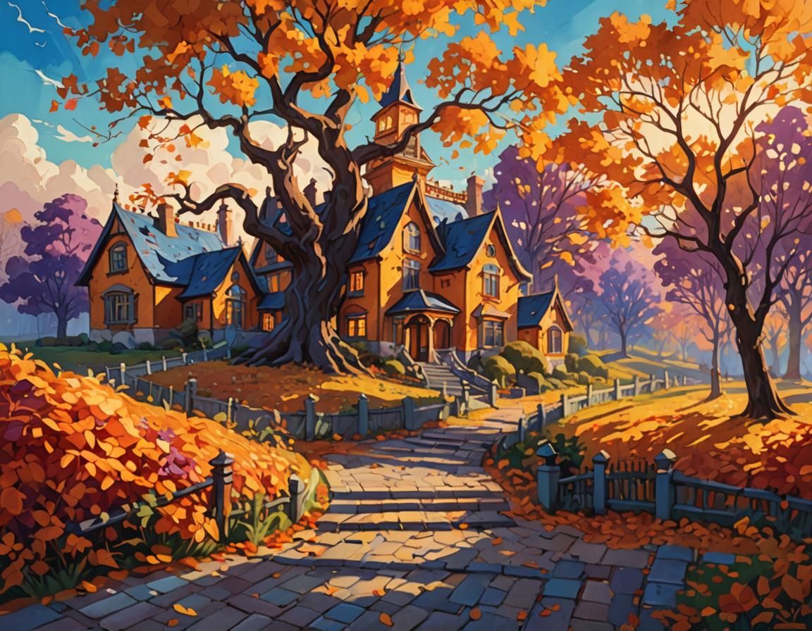 Spooky Halloween Mansion in Autumn Foliage