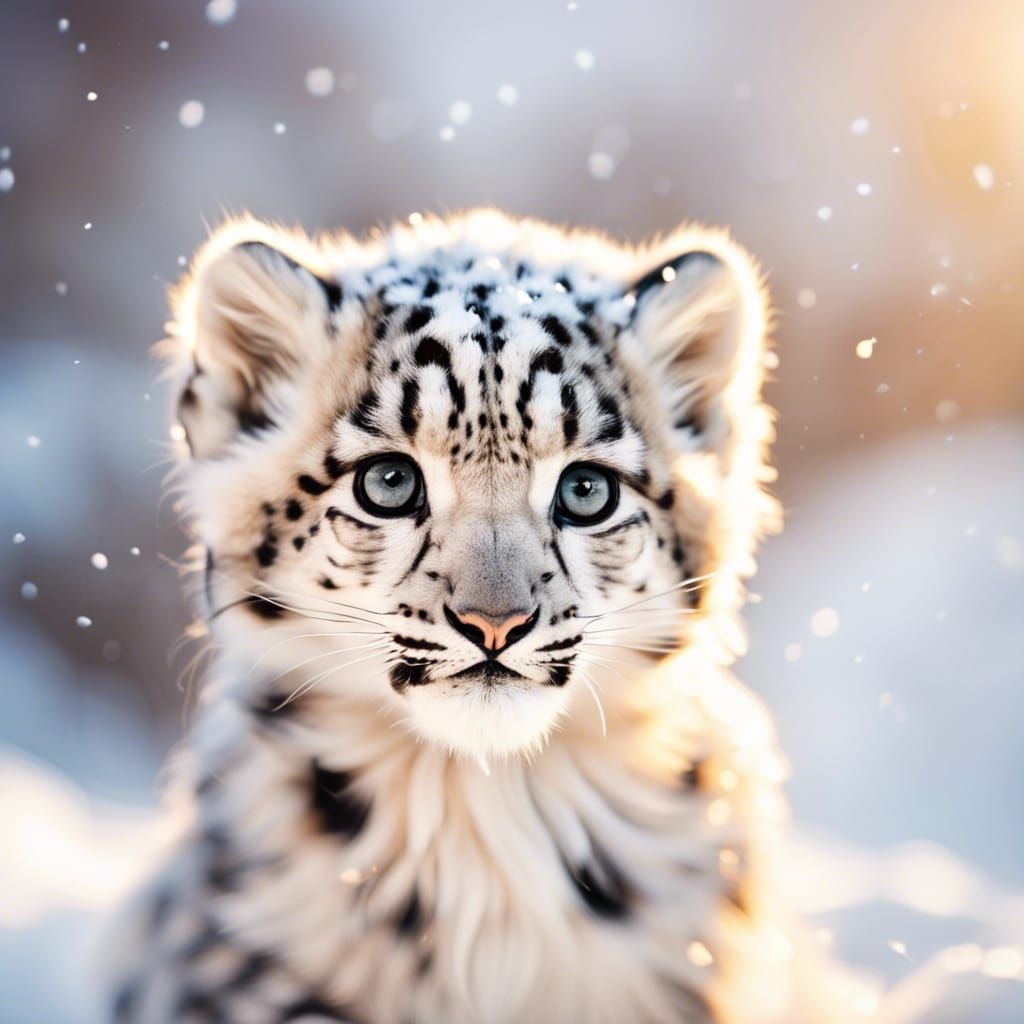 Snow Leopard Kitten Portrait in Golden Hour