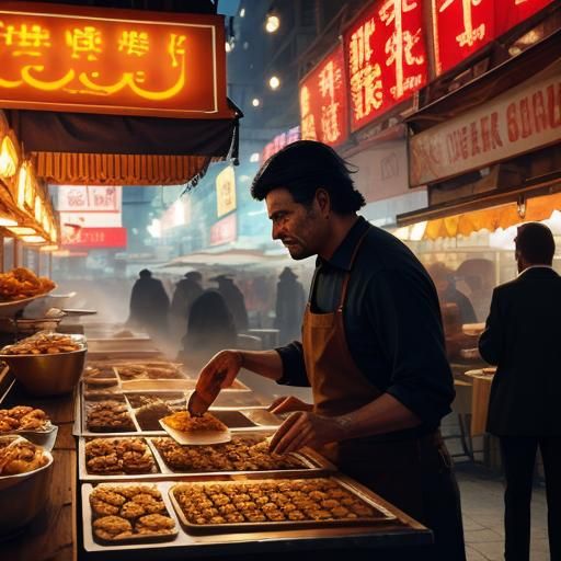 Street Vendor Displaying Golden Pastries in Hyperrealistic S...