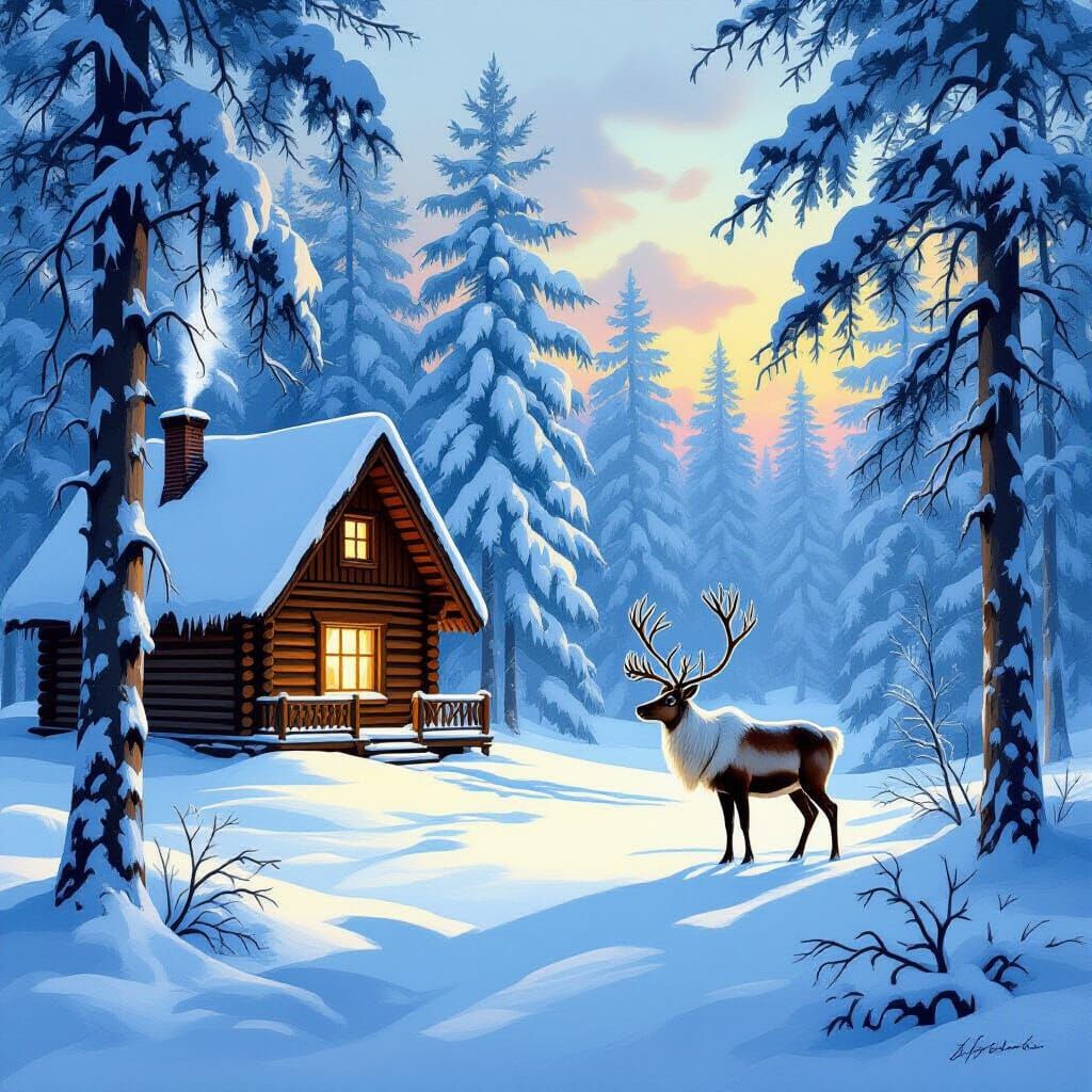 Russian Fairy Tale Log Cabin in Snowy Forest with Reindeer