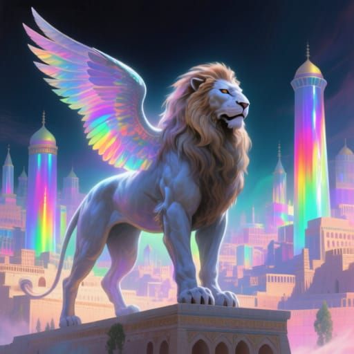 Ethereal Winged Lion in a Multicolored Babylonian City