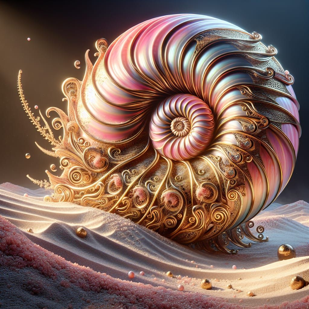 “Crystal” intricate detail of a nautilus seashell, pink irid...