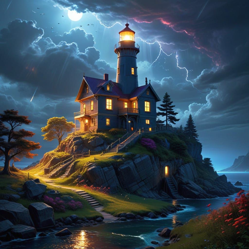 Fantasy Utopia with a Vibrant Colorful Lighthouse