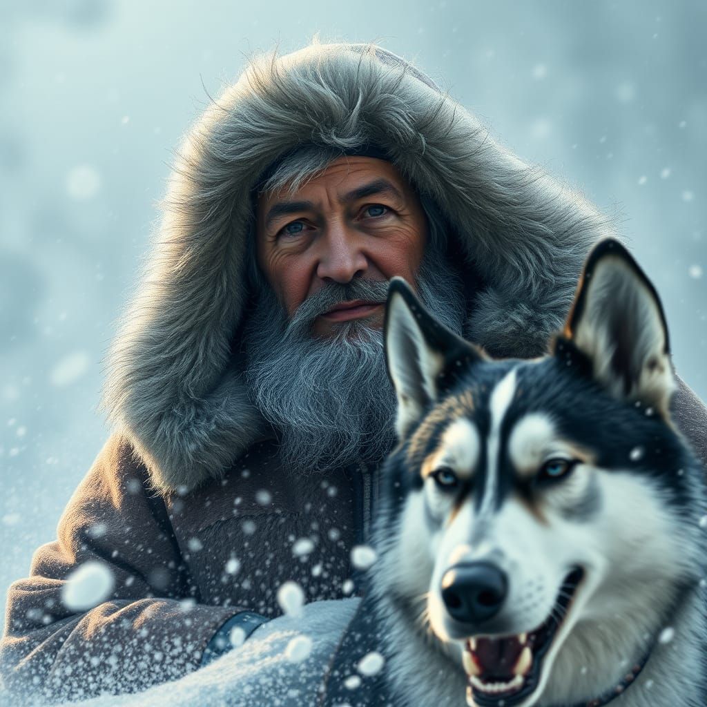 Eskimo Man and Husky in Fierce Snowstorm