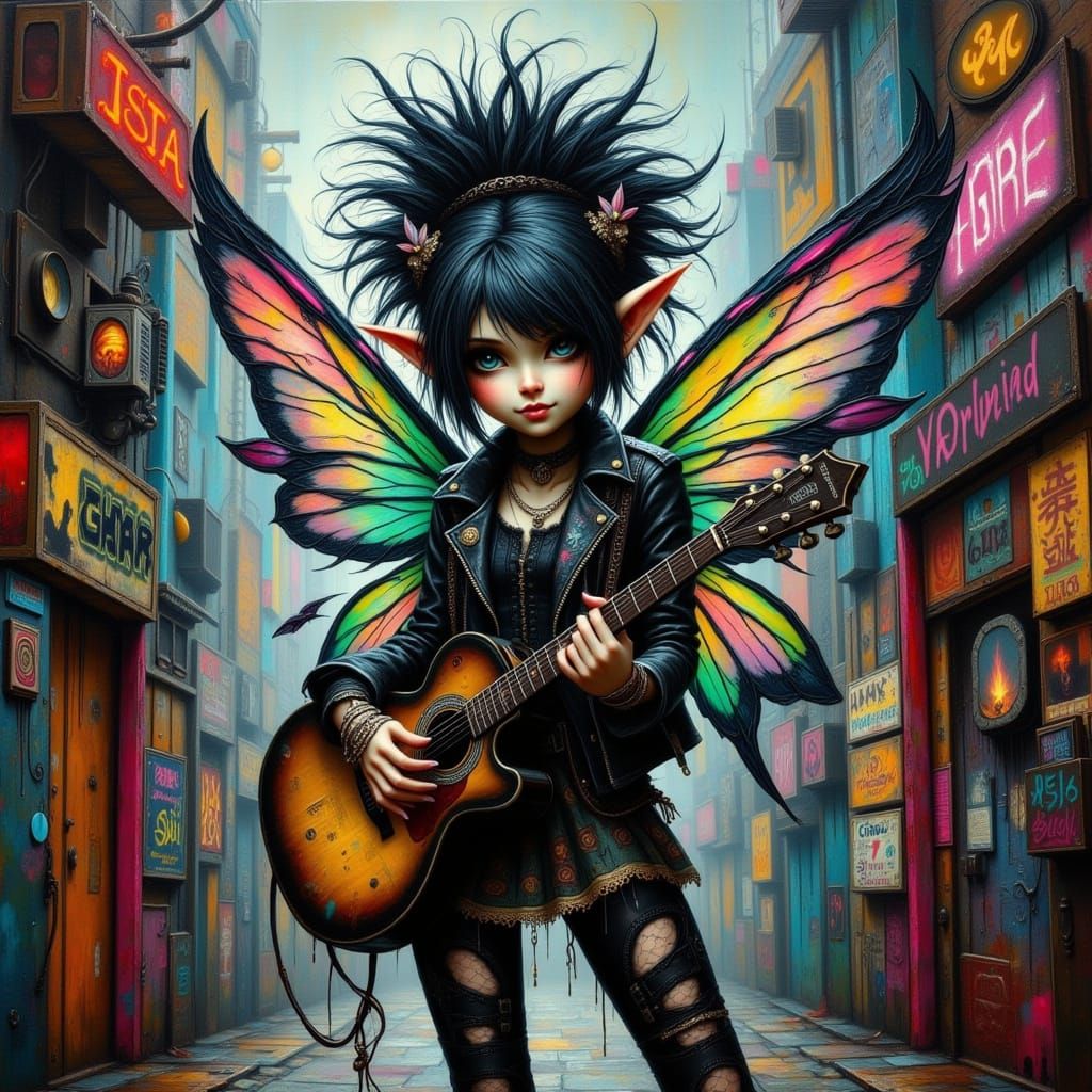 Punk Rock Fairy Guitarist in Neon Street Scene