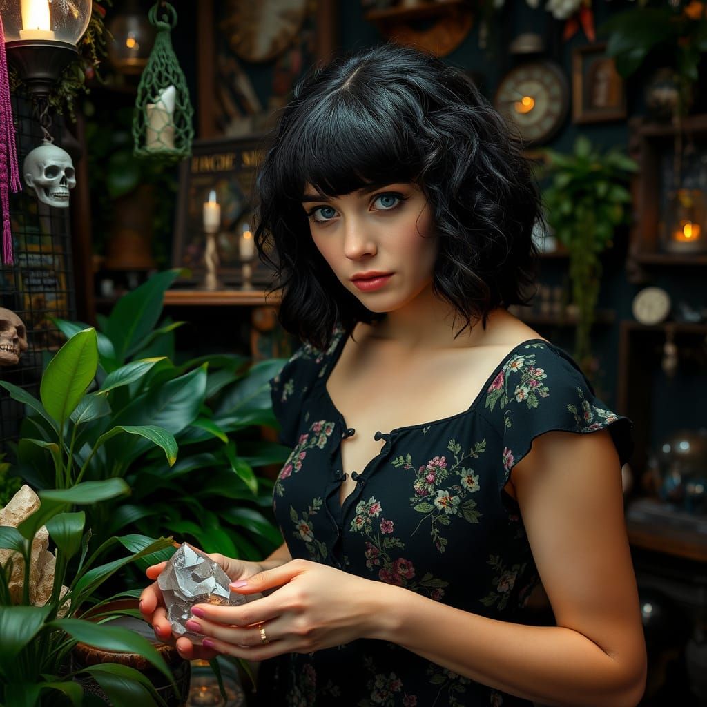 Woman in Witchy Shop Examines Crystals