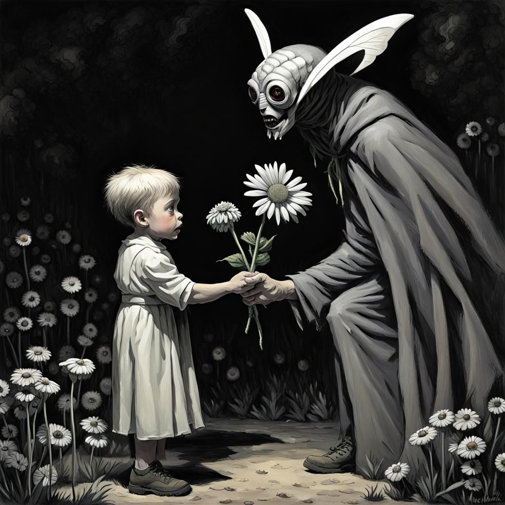 Mothman Offering Flower to Terrified Child
