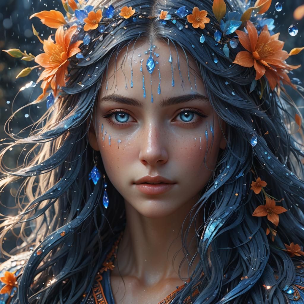 Mystical Being with Flowers in Wet Hair