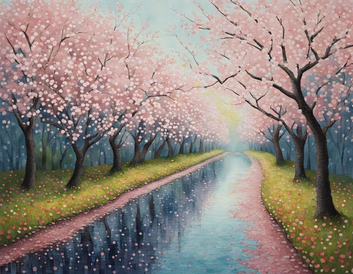 Cherry Blossom Trees in Soft Pointillism