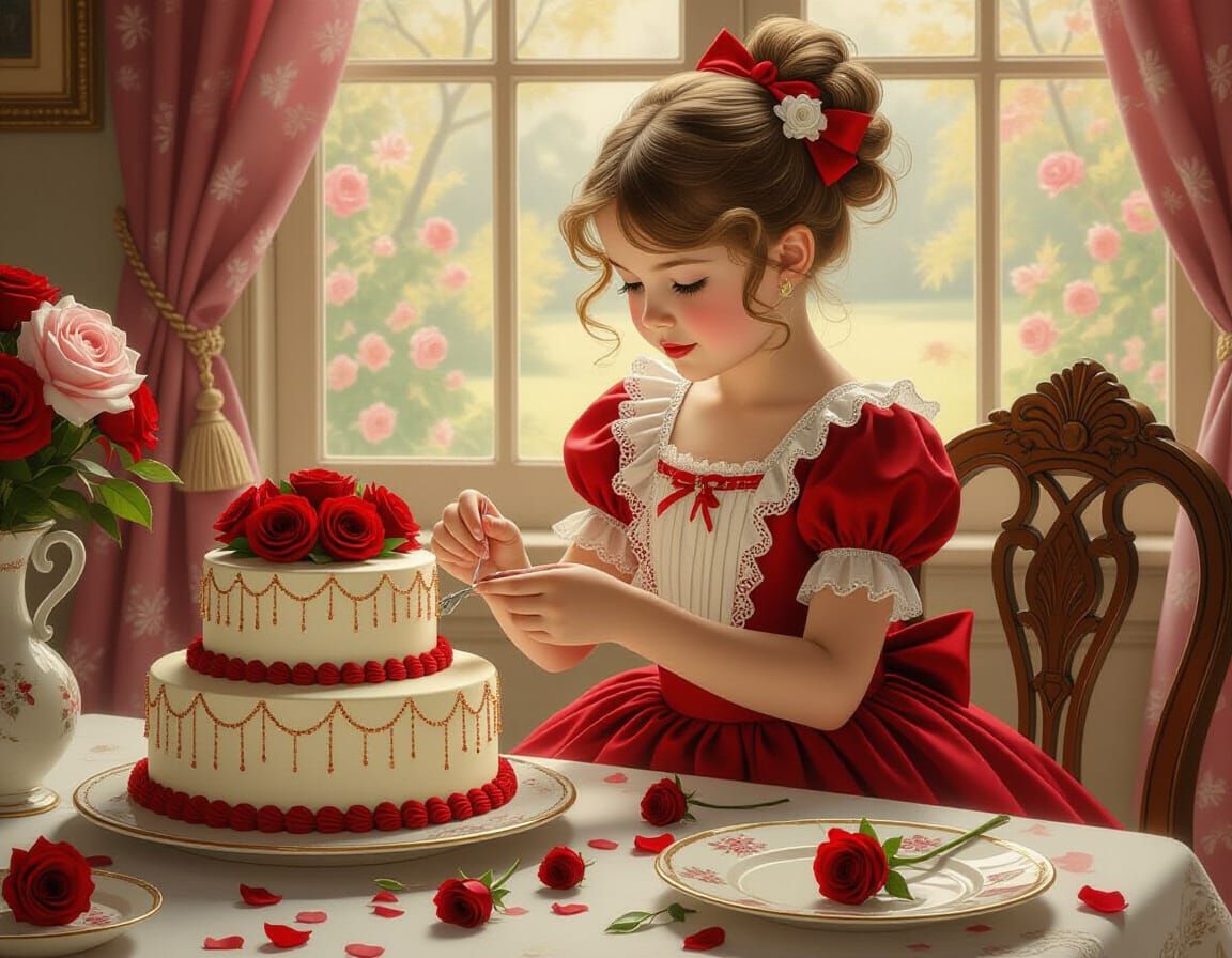 Victorian Girl Decorating Cake with Roses