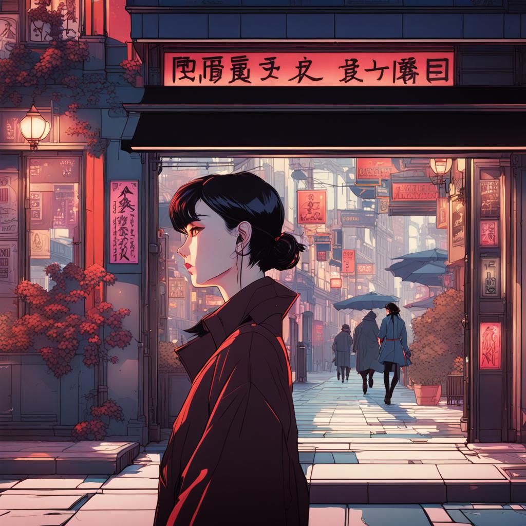 mangaii in action, in the style of patrick nagel, yuumei, realistic yet romantic street scene, pensive poses, close up, ...