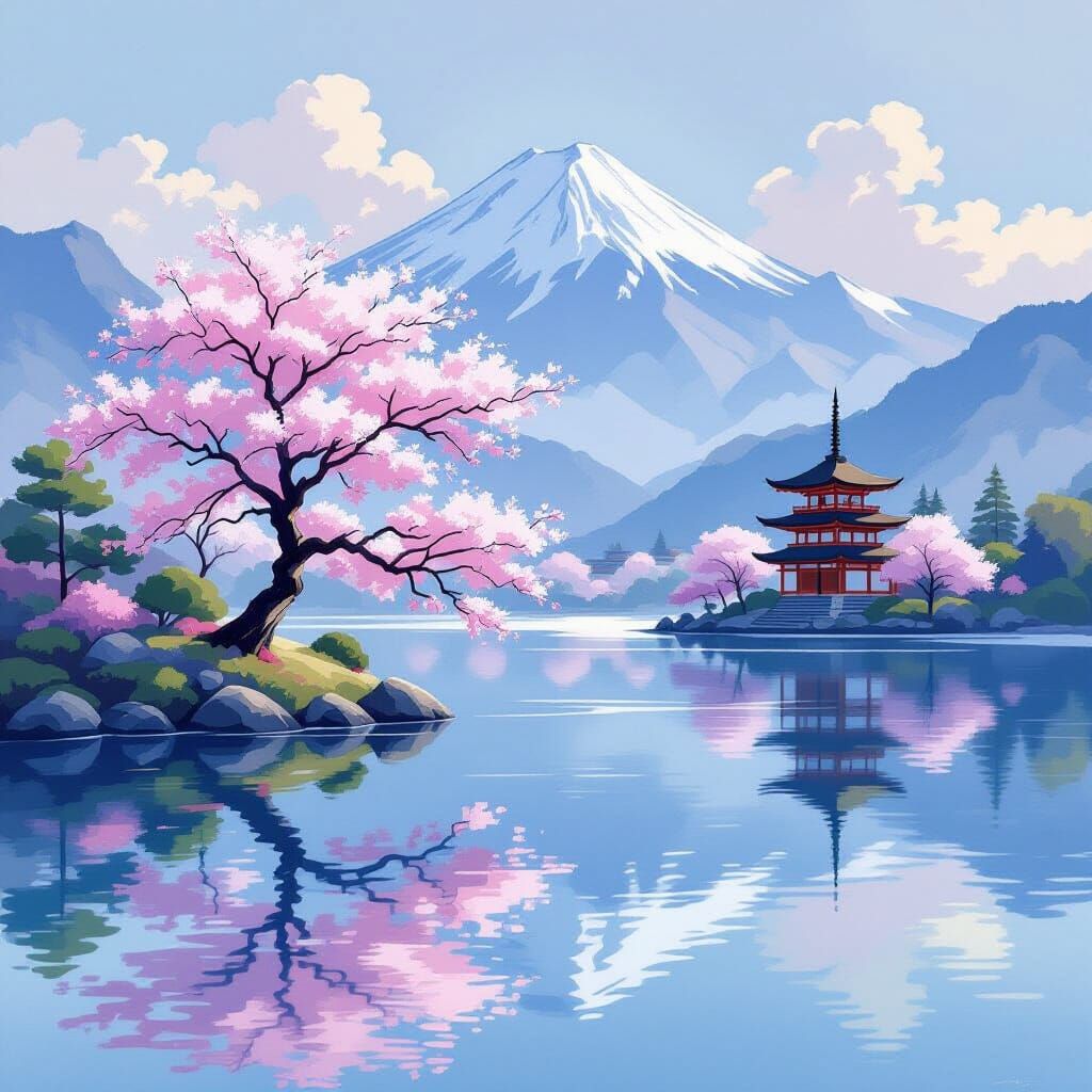 Sakura Tree Reflected in Lake, Impressionistic Style