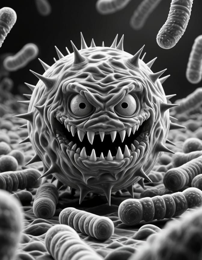 Curious Monster Microbe in Grayscale SEM Style