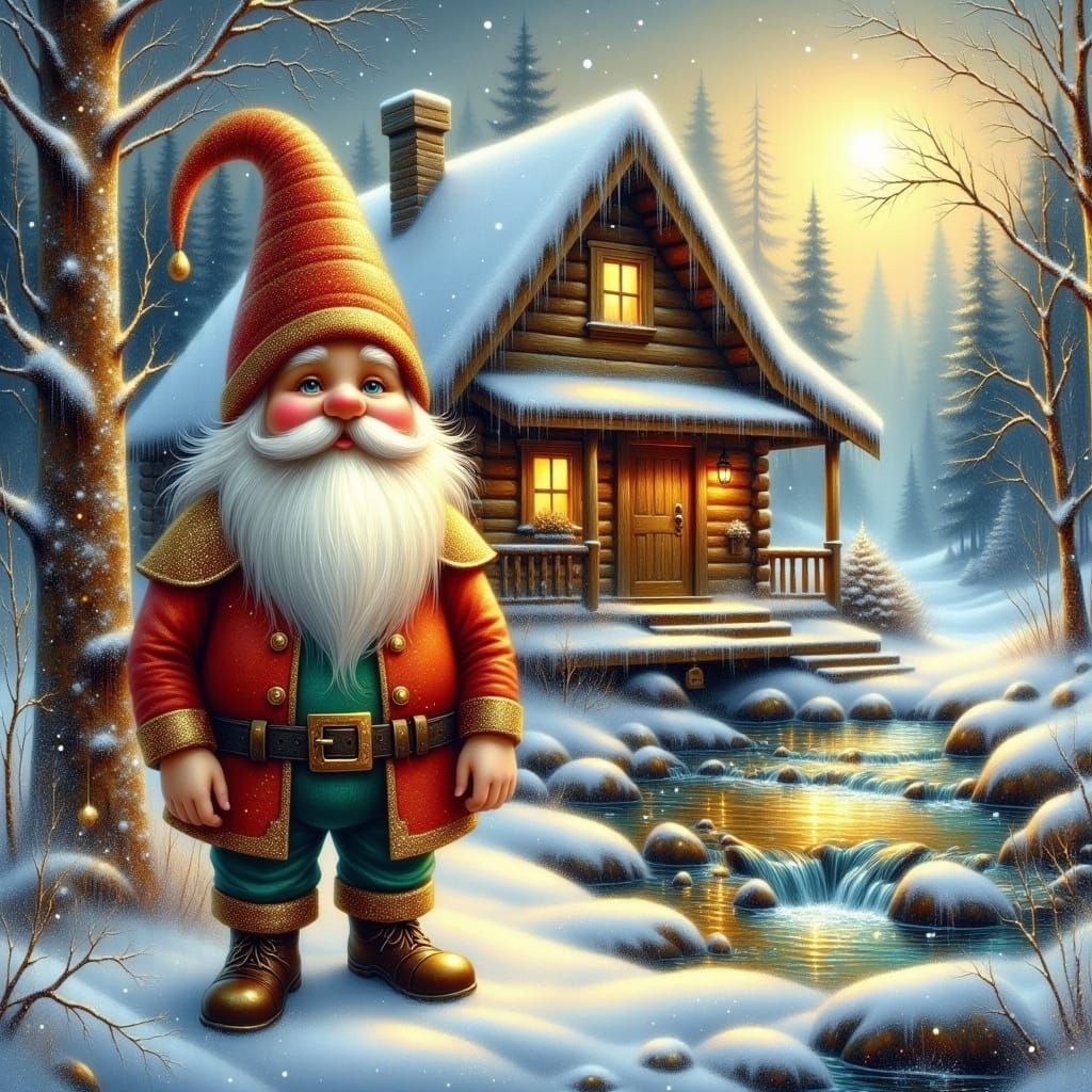 Winter Gnome's Golden Glitter Cabin Scene
