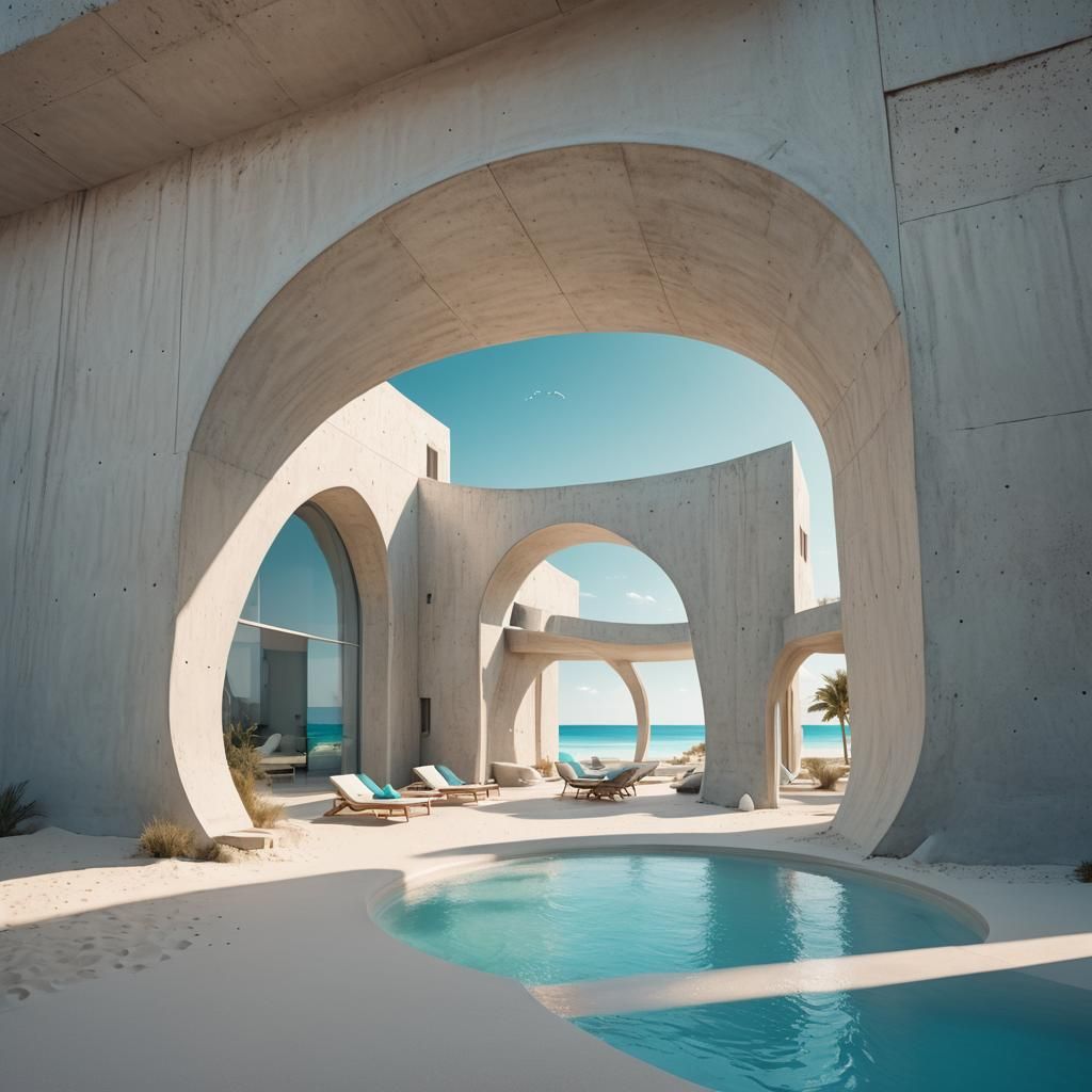 Futuristic Concrete Arch on Sand Dune, Hyperrealistic