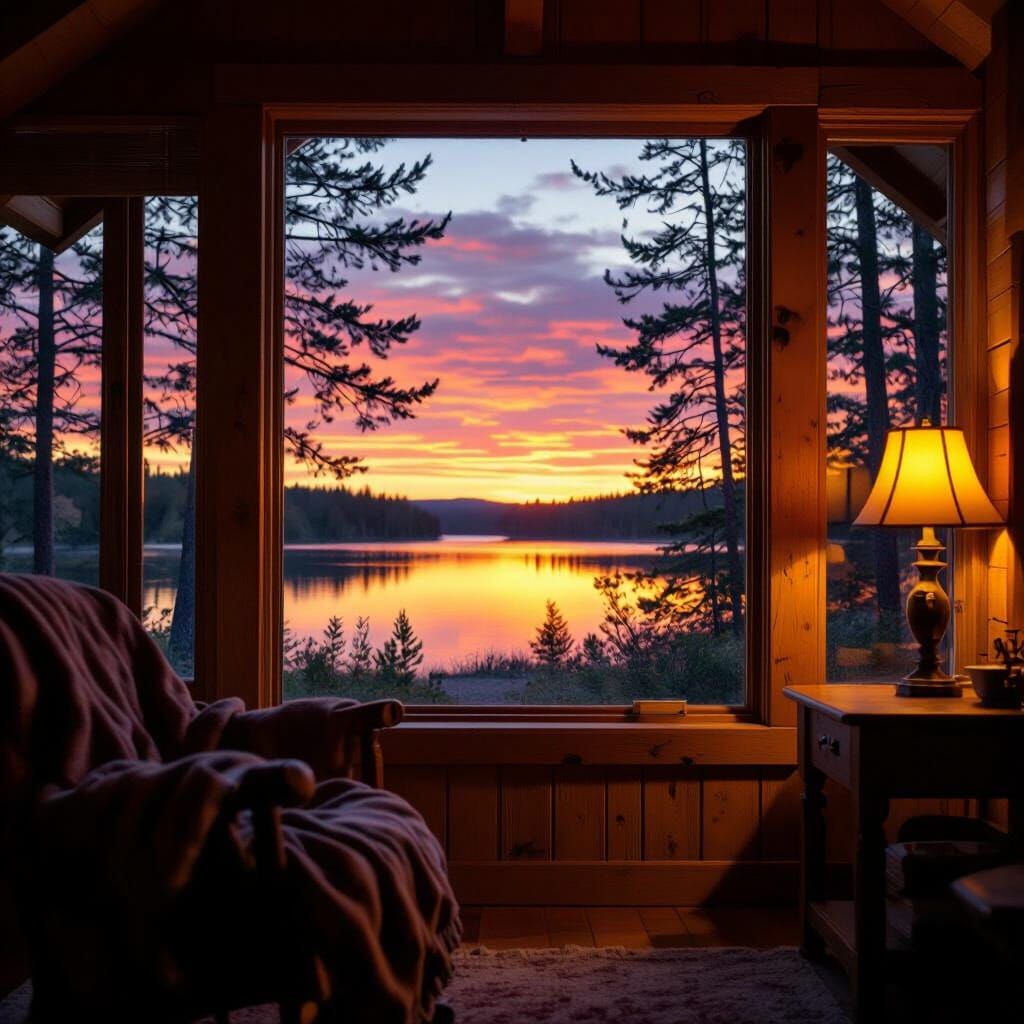 Cozy Cabin View: Sunset Over Lake