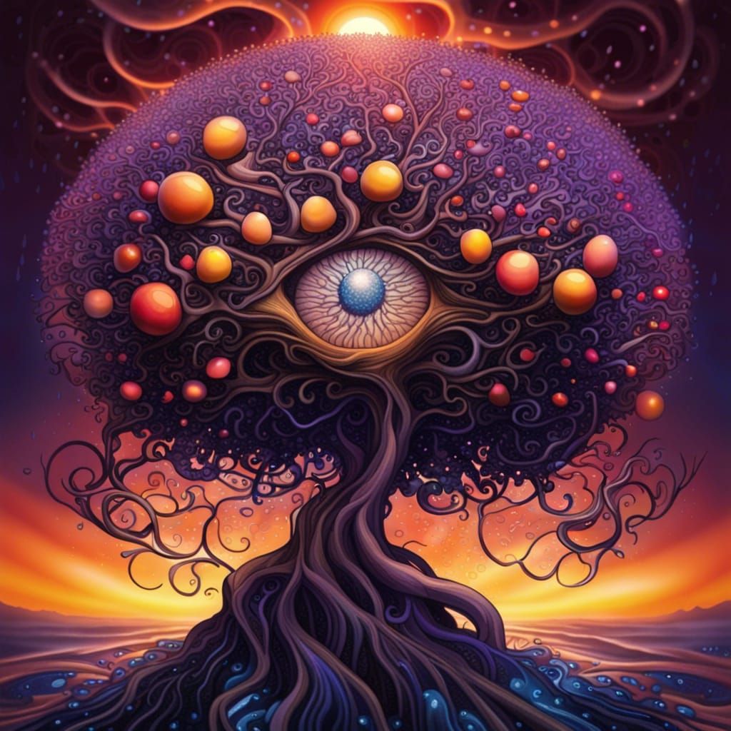 Plum-Eyed Figure Amidst Fractal Blossom Tree