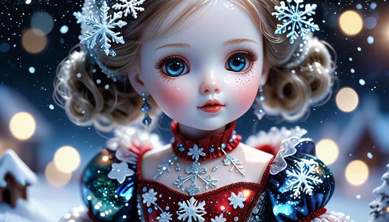 Glass Doll in Snowy Night Scene: Photorealistic Art
