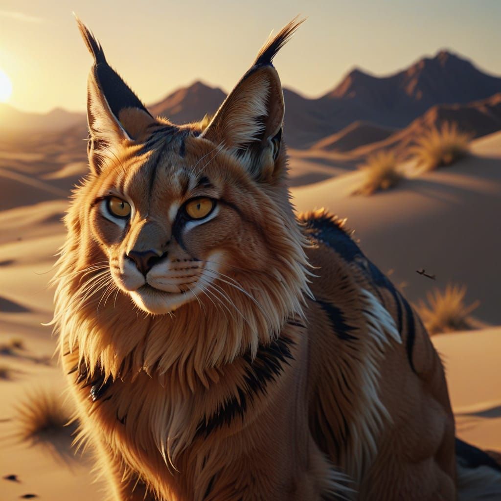 Caracal-Eagle Chimera Soaring Over Desert Dunes