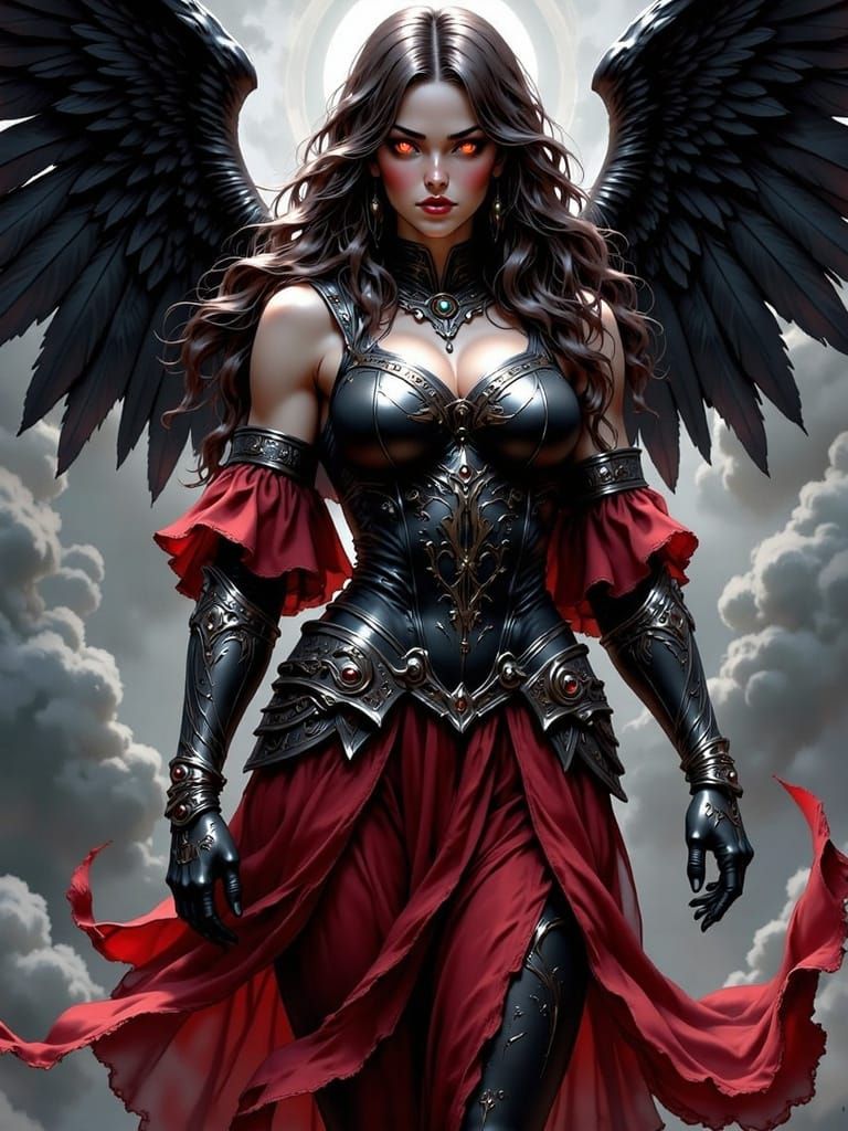 Ethereal Death Angel with Raven Wings and Red Silk