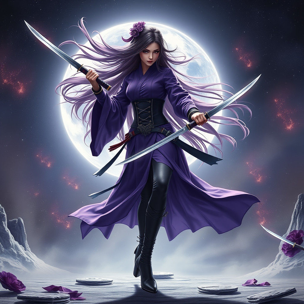 Ethereal Ninja in Celestial Void: Dynamic Action