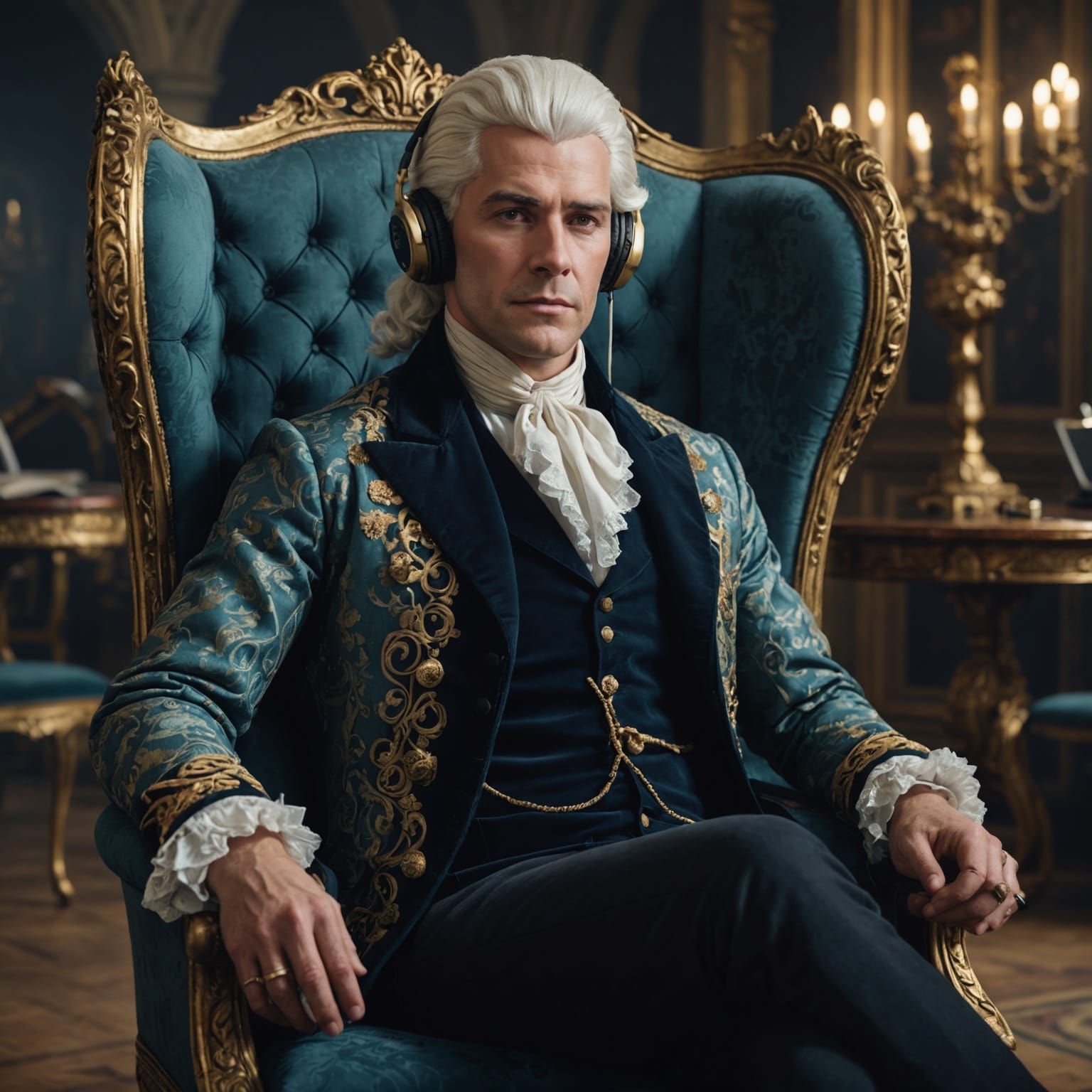 18th Century Man Listens with Headphones: Detailed Digital A...