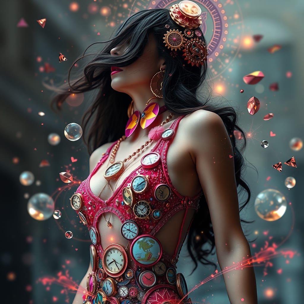 Surreal Ouroboros Woman with Time Fragments