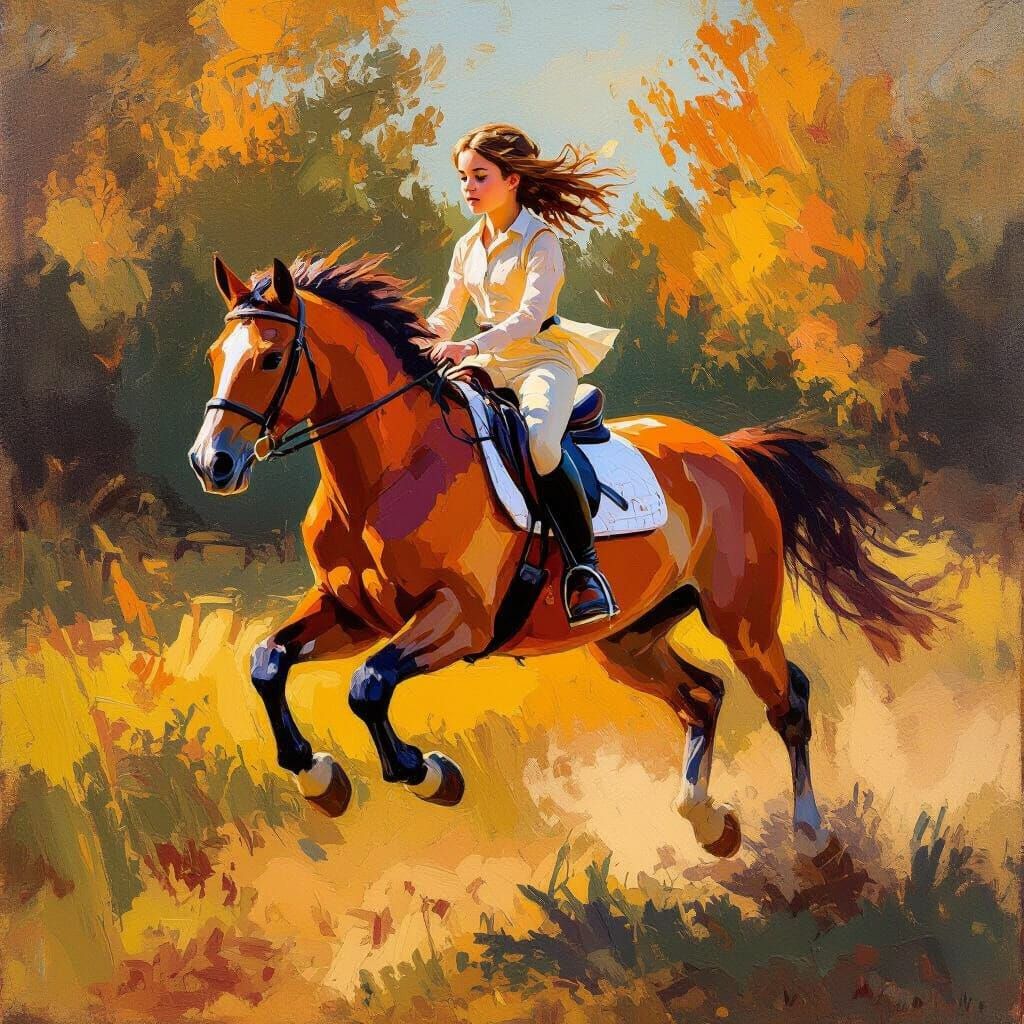 Girl Jumps on Horse in Impressionistic Oil Painting