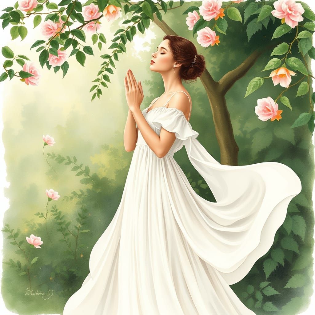 Woman in Enchanted Garden, in Whimsical Watercolour Style