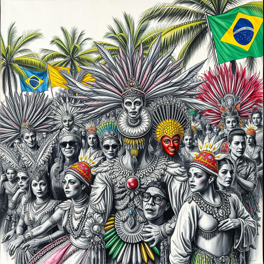 Rio Carnival: Ornate Costumes in Charcoal Drawing