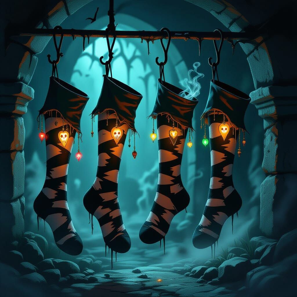 Eerie Crypt Scene: Stockings Filled with Glowing Trinkets an...