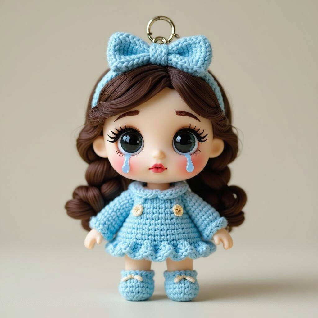 Knitted Cry Baby Doll Keychain with Shiny Yarn Eyes