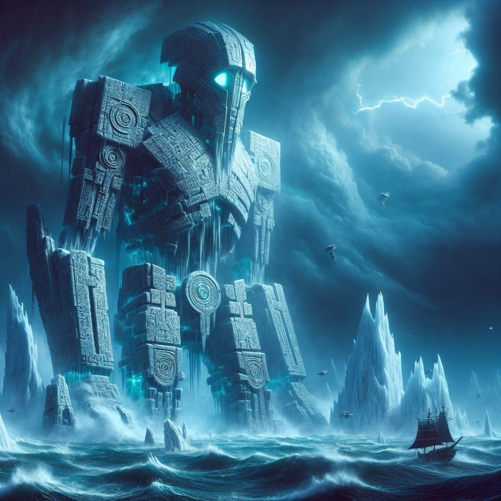 Frozen Metallic Colossus in Icy Ocean Storm