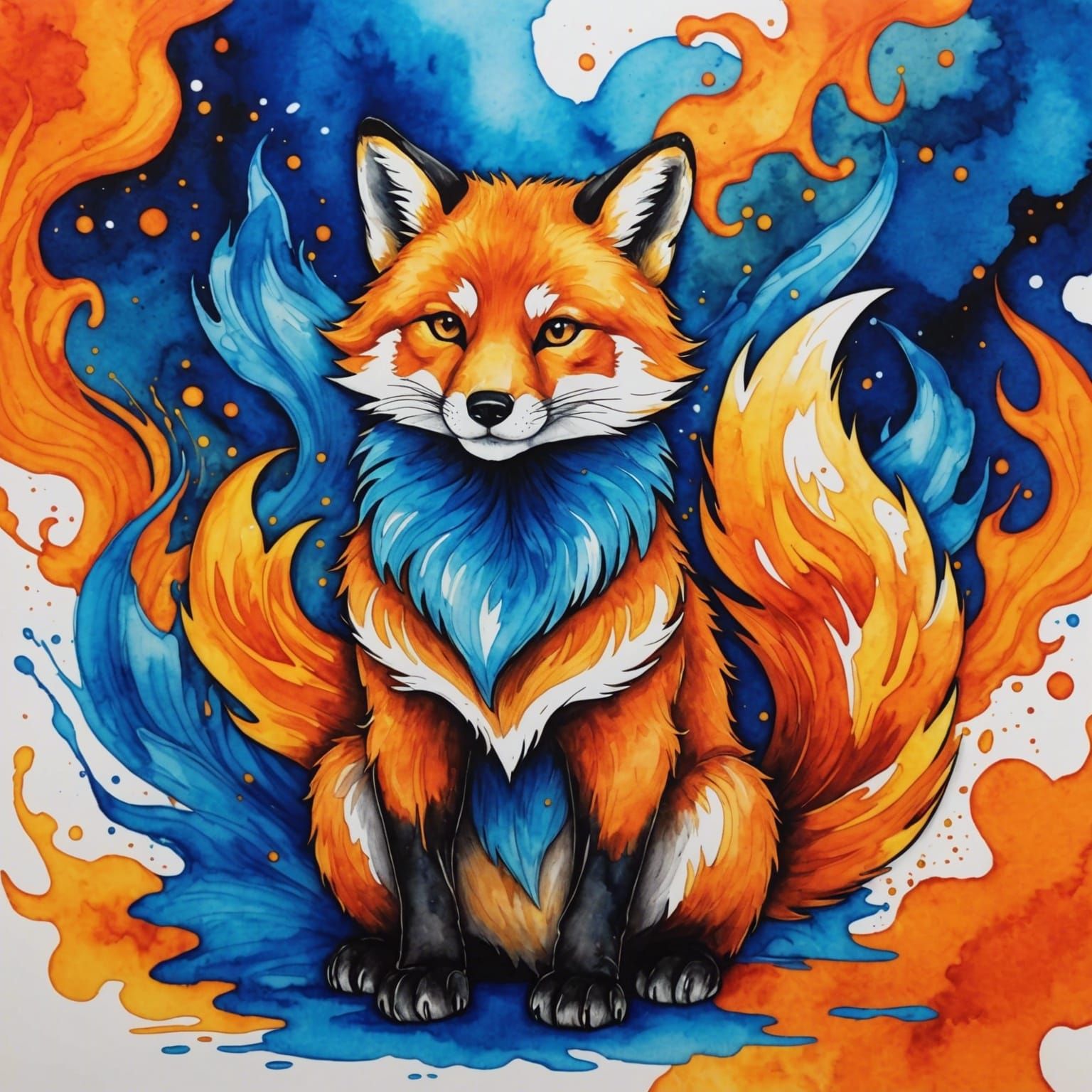 Fiery Firefox in Alcohol Ink and Pencil Art