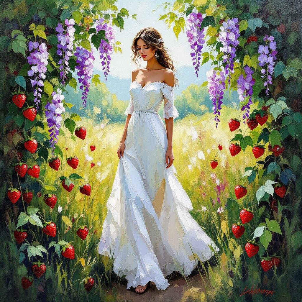Woman in White Dress Amidst Wild Strawberries and Wisteria