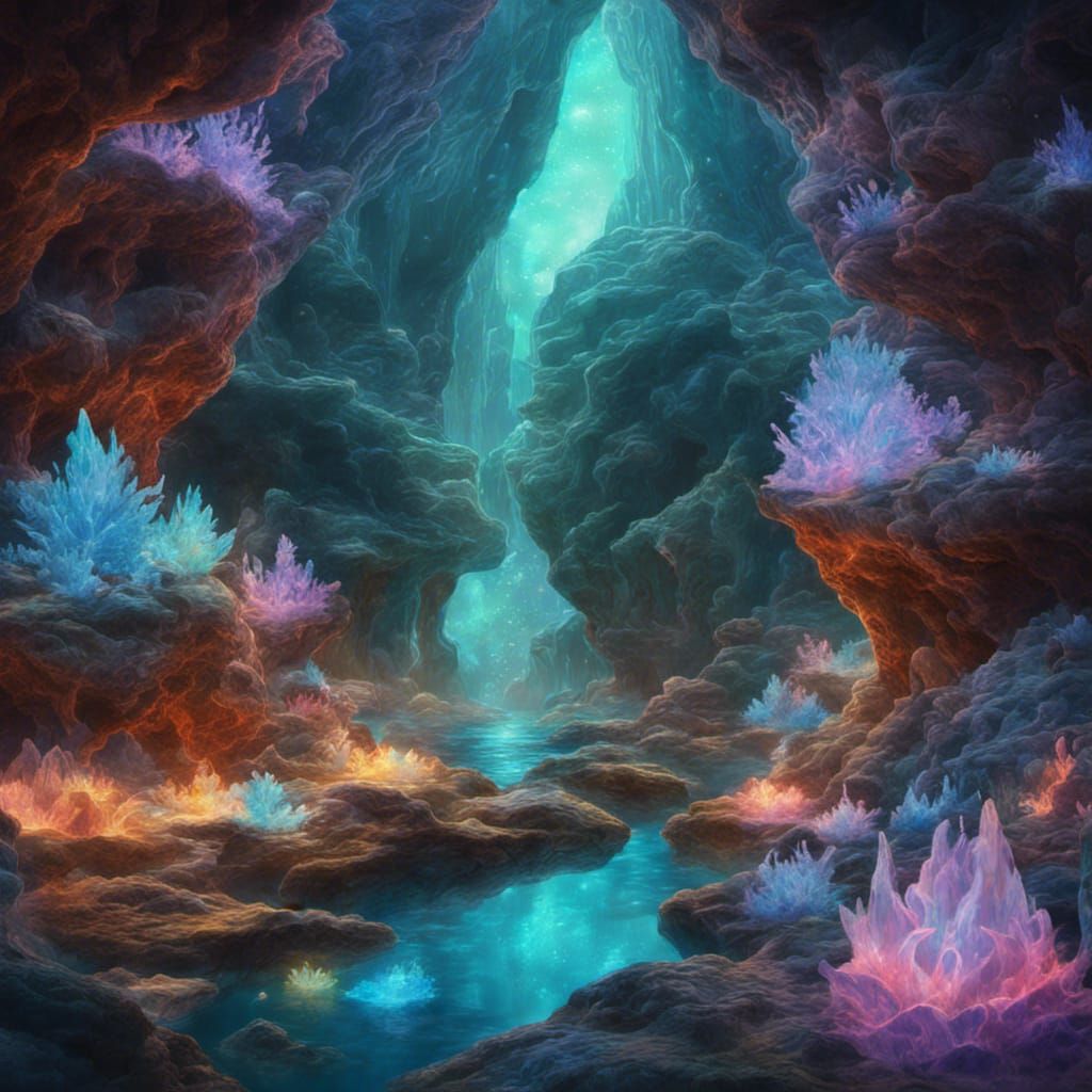 Bioluminescent Crystal Cave with Shimmering Pools