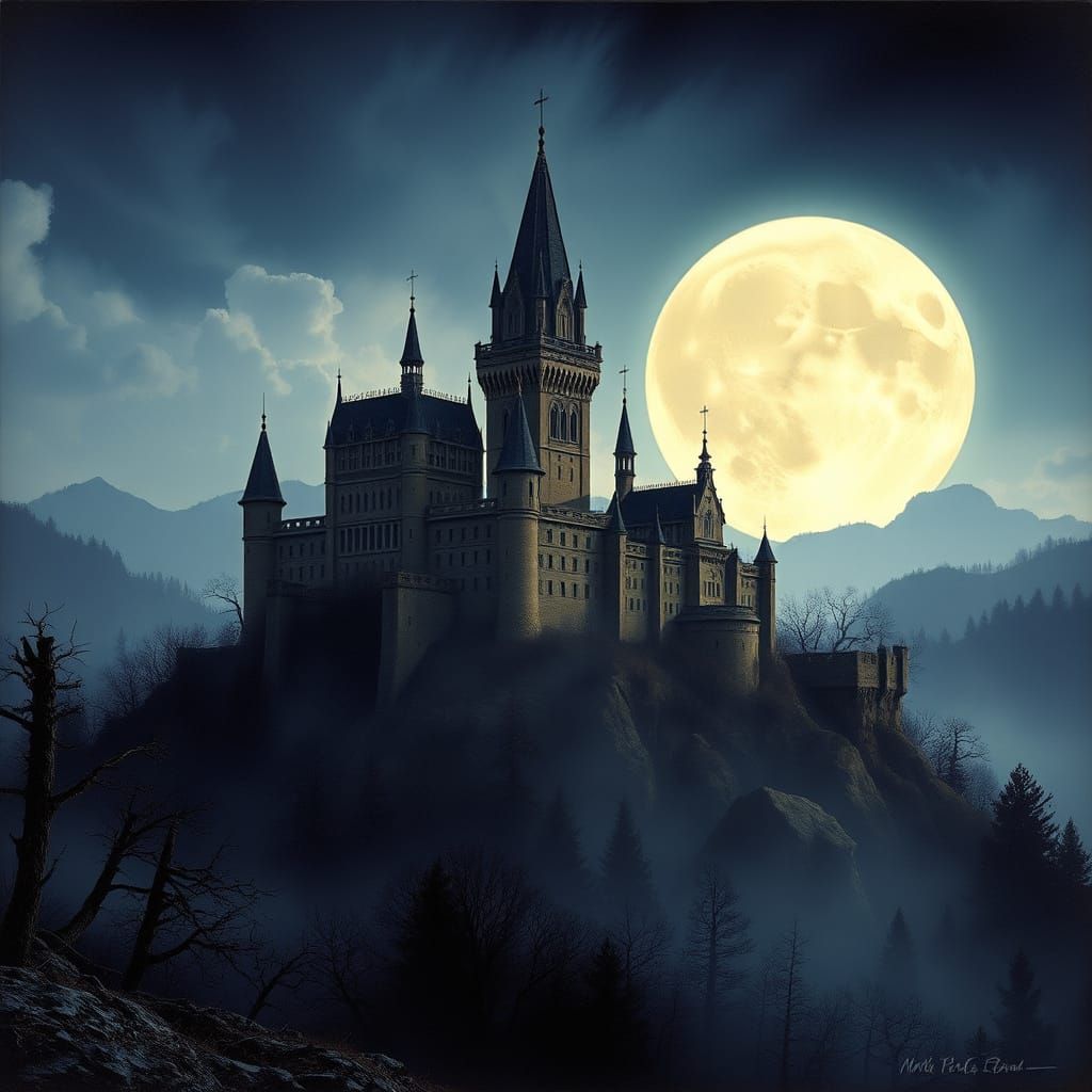 Majestic Castle Under Moonlight in Romantic Style