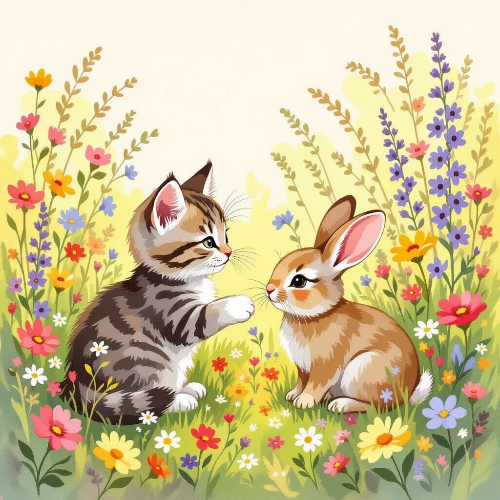 Kitten and Bunny Friends in a Wildflower Meadow