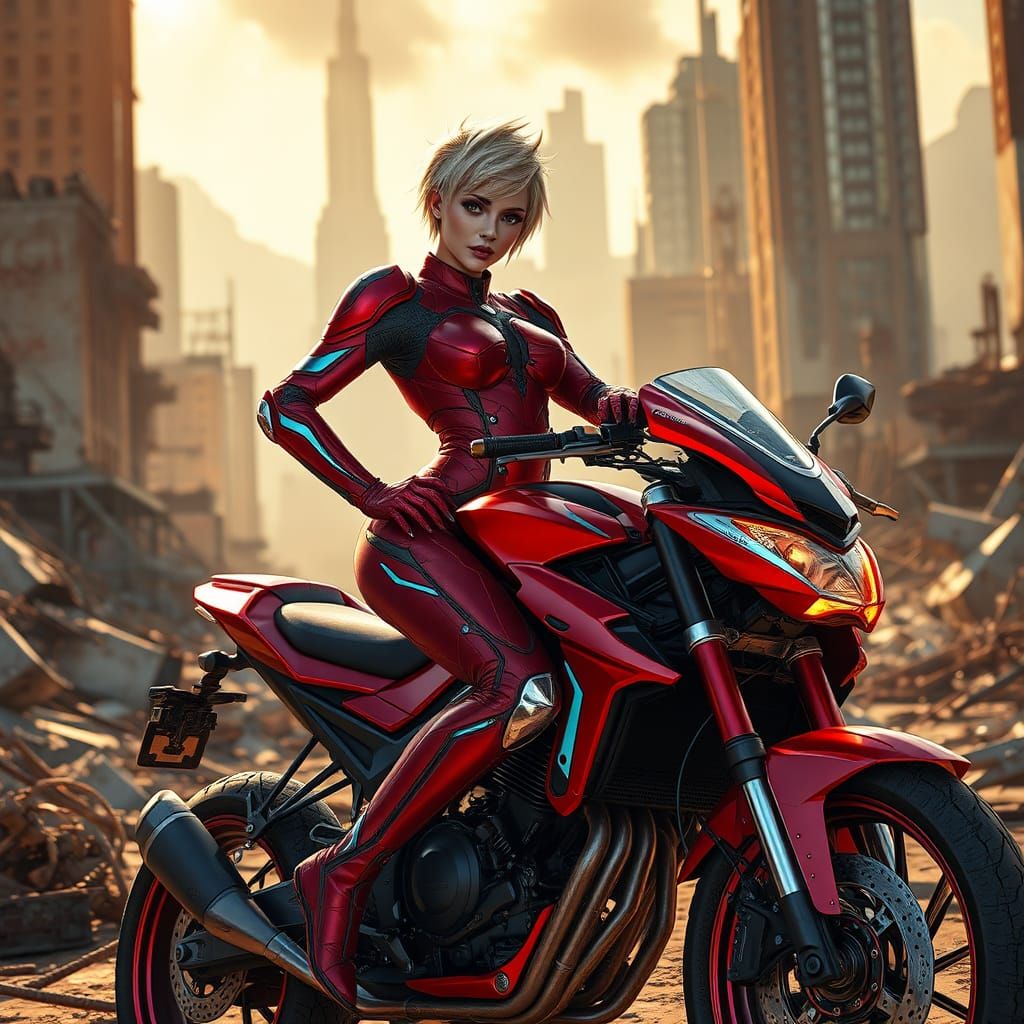 Woman in Red Armor on Motorcycle, Cyberpunk Art