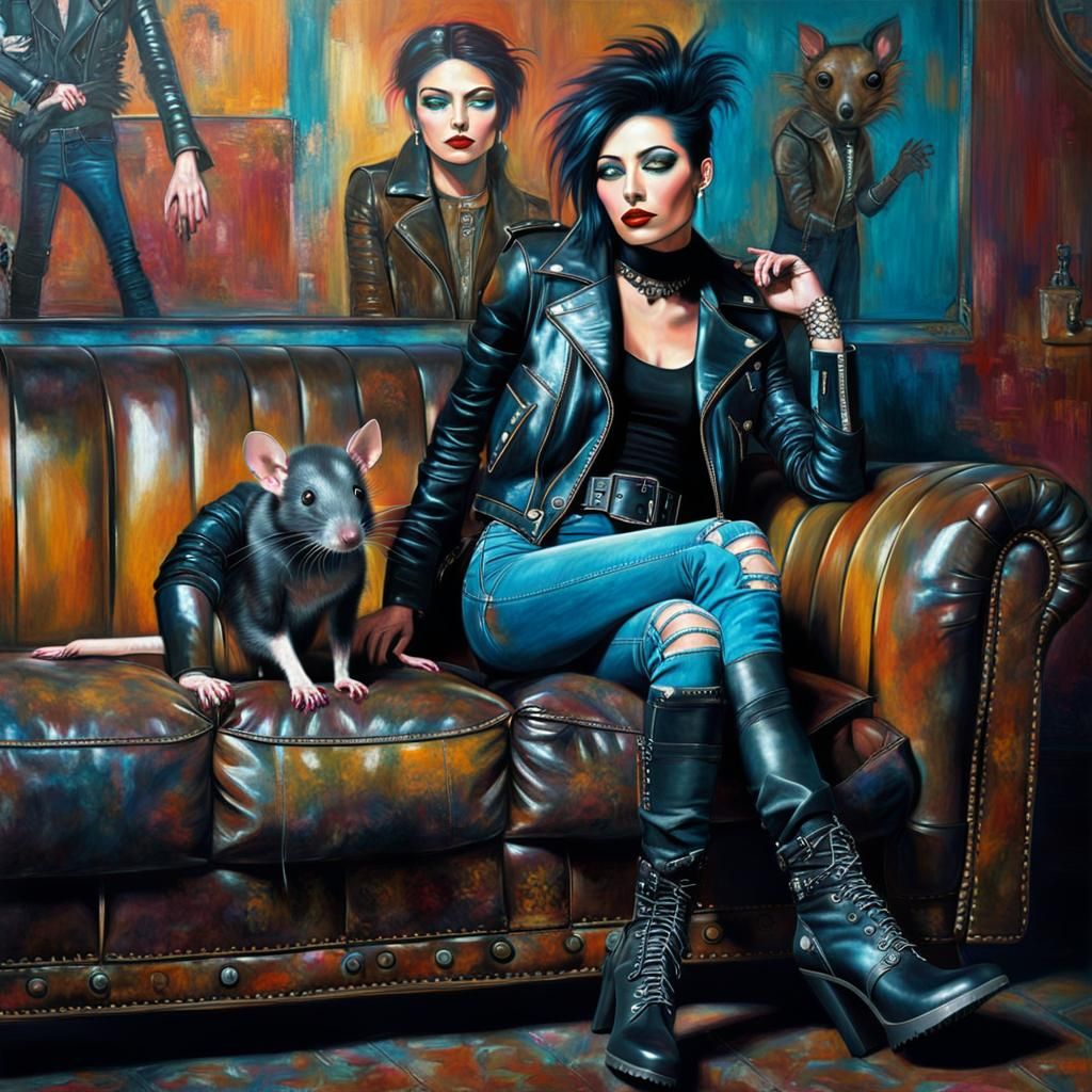 Cyberpunk Girl with Rat in Art Deco Setting