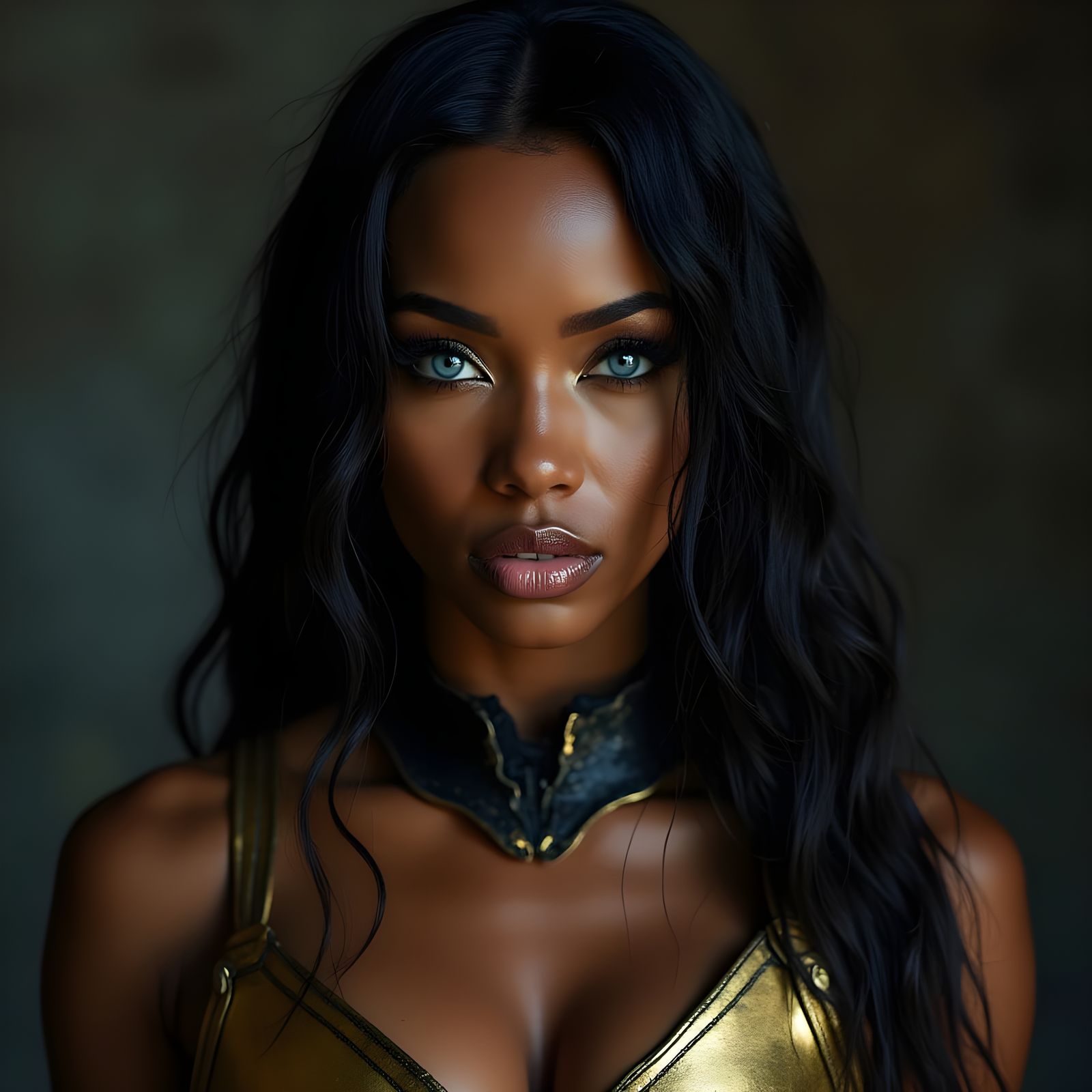 Warrior Goddess Portrait in Gold and Black Armor