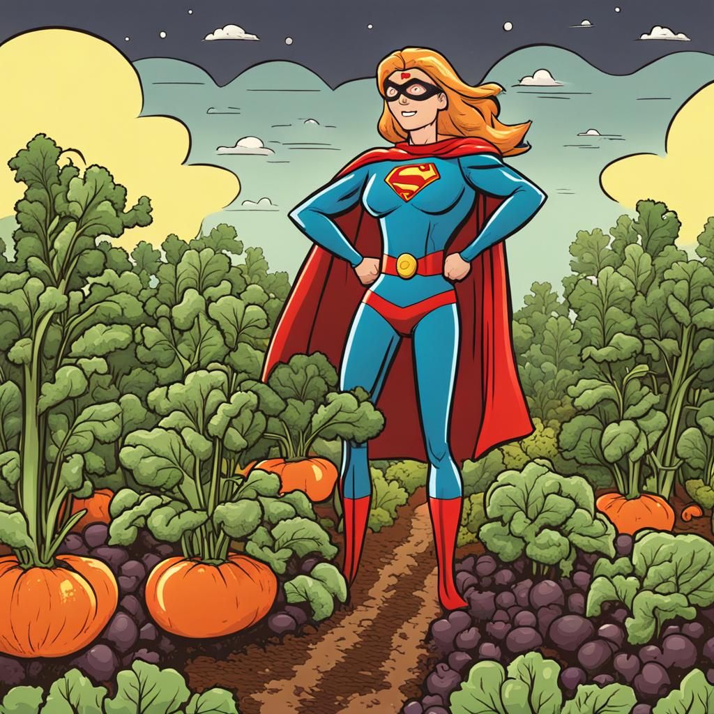 Superheroine Gardening in Cartoon Style